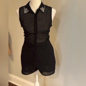 Elegant Black Romper with Embellished Collar